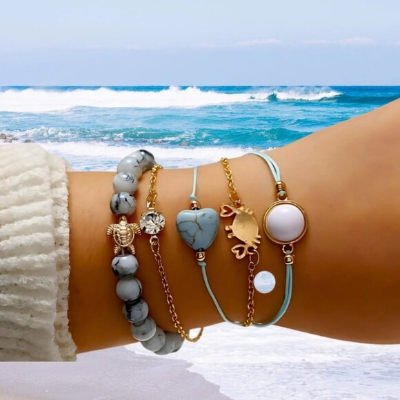 🍒2/$25 NATURAL Stone Charm 🦀 Crab Turntle Heart CZ Pendant Bracelet Set of 5 - Picture 2 of 9